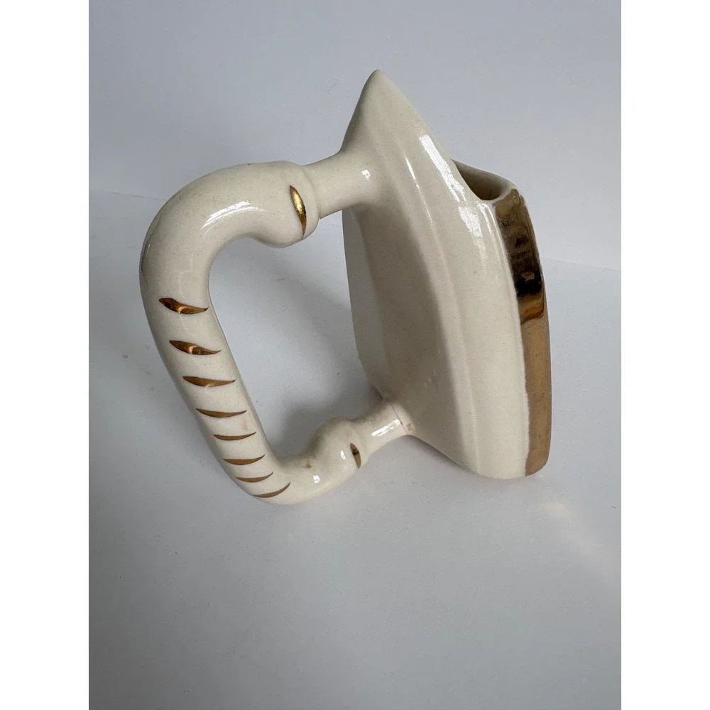 Vintage Ceramic Cherry Flat Iron Vase Planter Gold Trim Cream Retro Decor